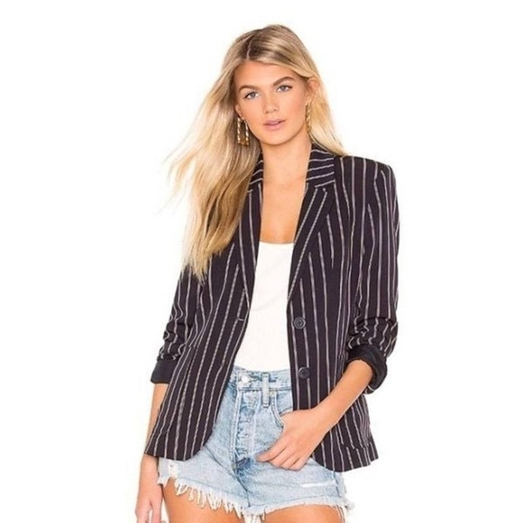 NWT BB Dakota X Anthropologie Navy Blue Pin Stripe Blazer Sz M - Picture 1 of 8
